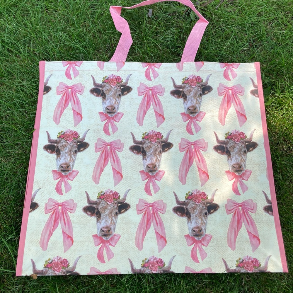 Reuseable Shopping Bag Tote Pink Floral Cow Print Bows Cute Girly